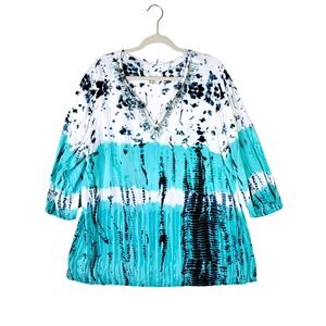 Dressbarn Woman 2X Tunic Top Blue Turquoise Tie Dye Beaded V-Neck 3/4 Sleeve